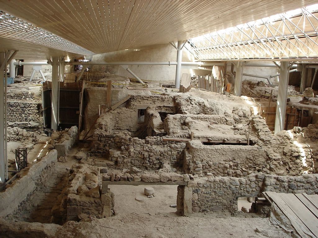 Covered archaeological remains at the Akrotiri Minoan settlement in Santorini
